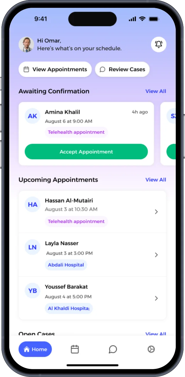 AI Health Clinic doctor home screen