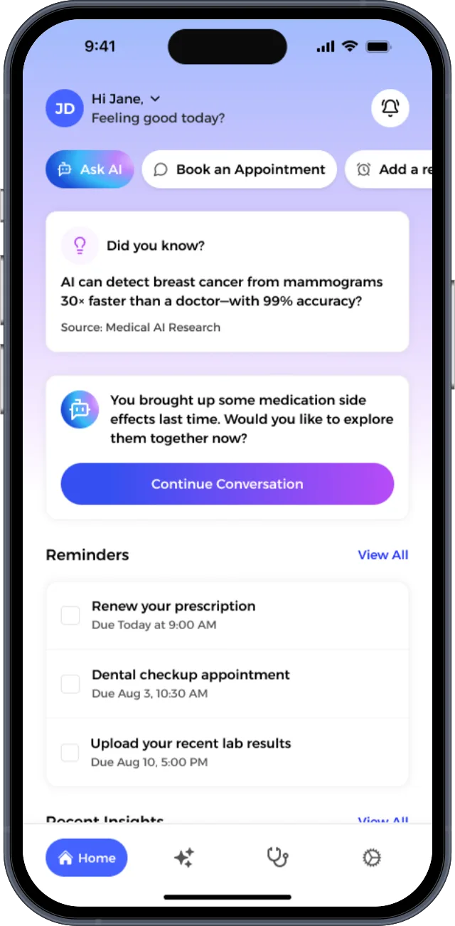 AI Health Clinic patient home screen